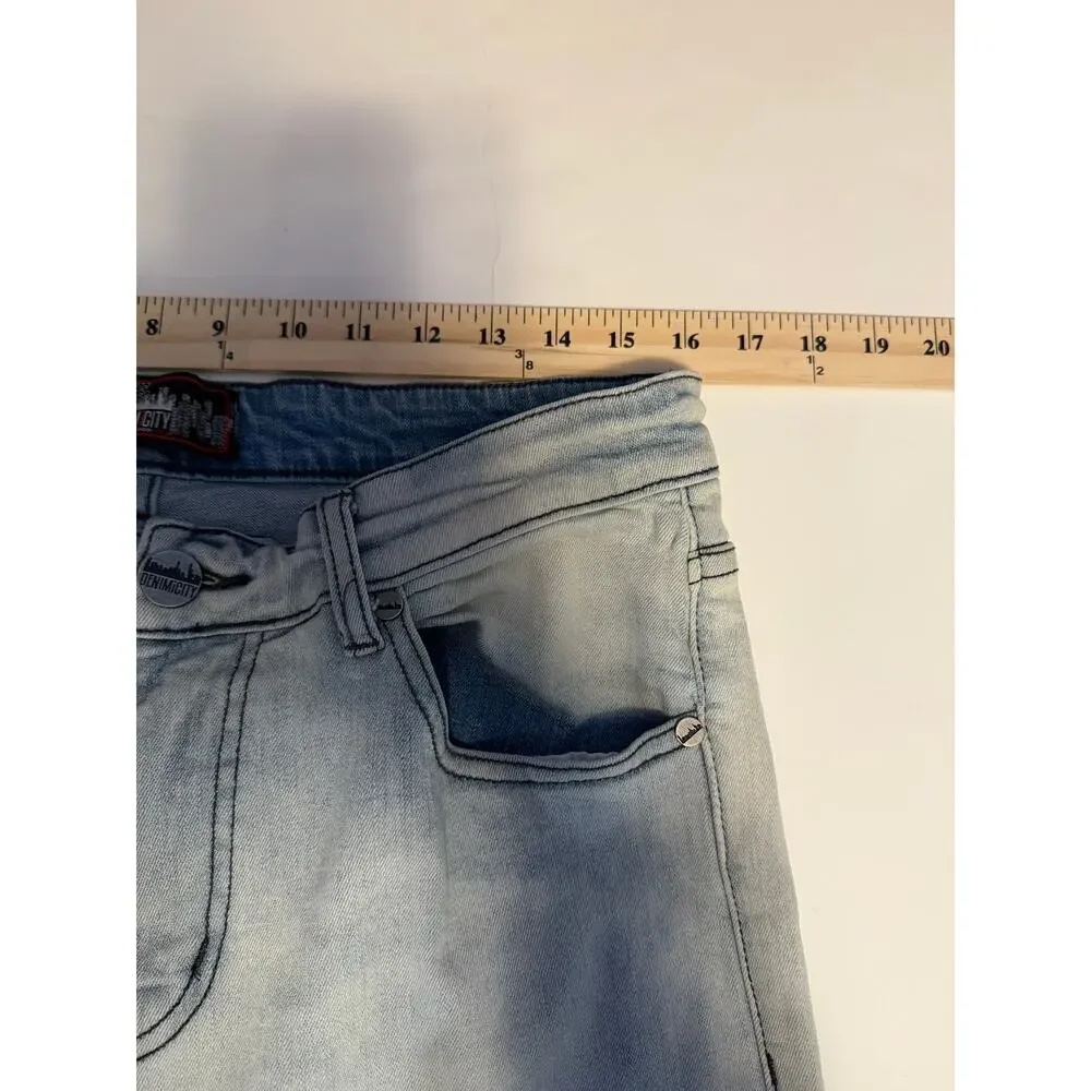 Denim City Patchwork Jeans Waist 34 Y2K Grunge Distressed Multi Print